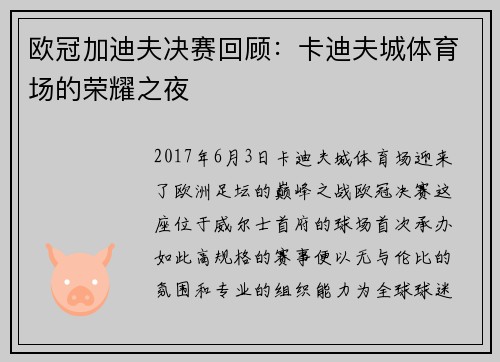 欧冠加迪夫决赛回顾：卡迪夫城体育场的荣耀之夜